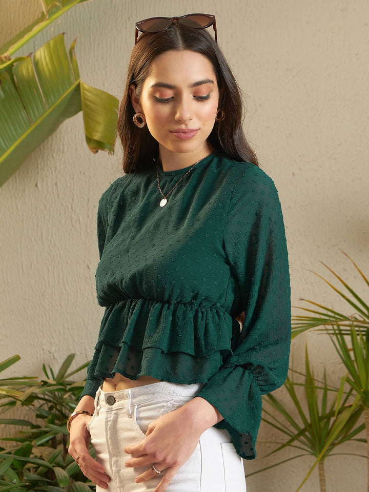 SASSAFRAS Green Self Design Bell Sleeve Peplum Top