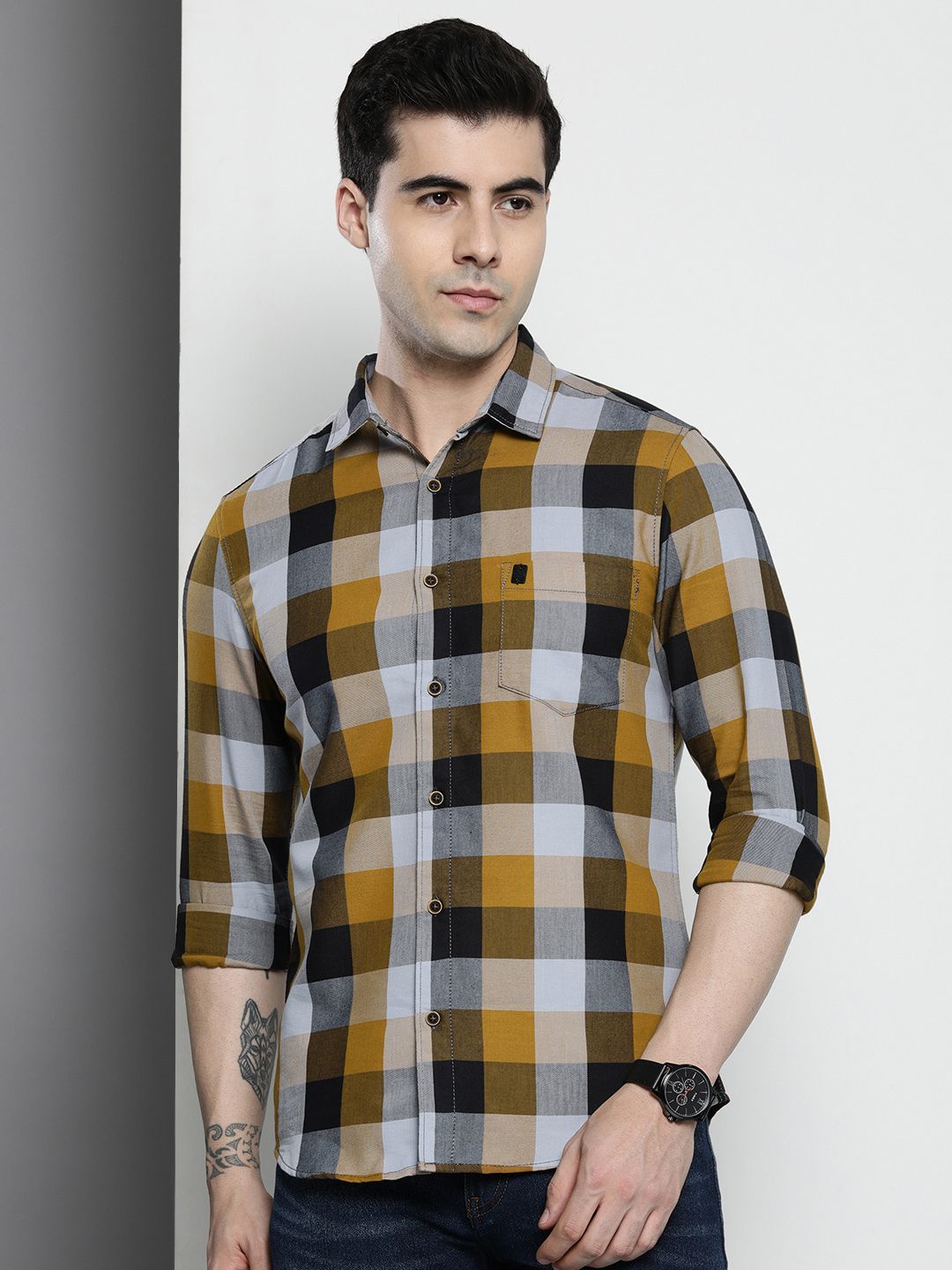 The Indian Garage Co Men Yellow Checked Casual Shirt