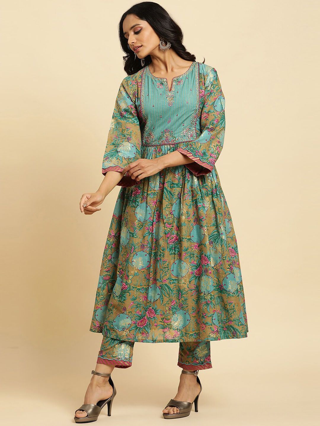 W Floral Print Cotton Kurta With Straight Pant & Dupatta