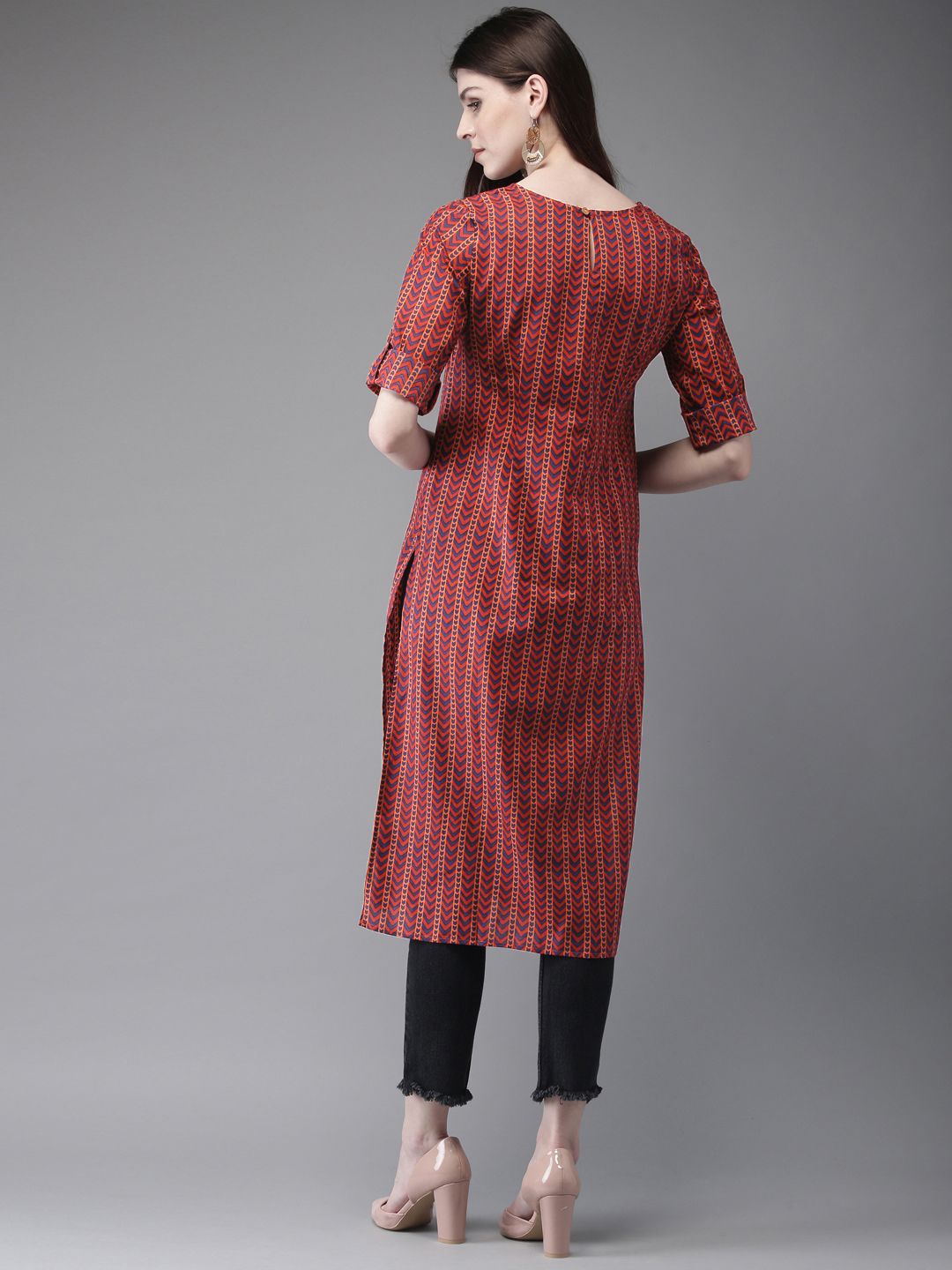 Anouk Women Red & Blue Printed Straight Kurta