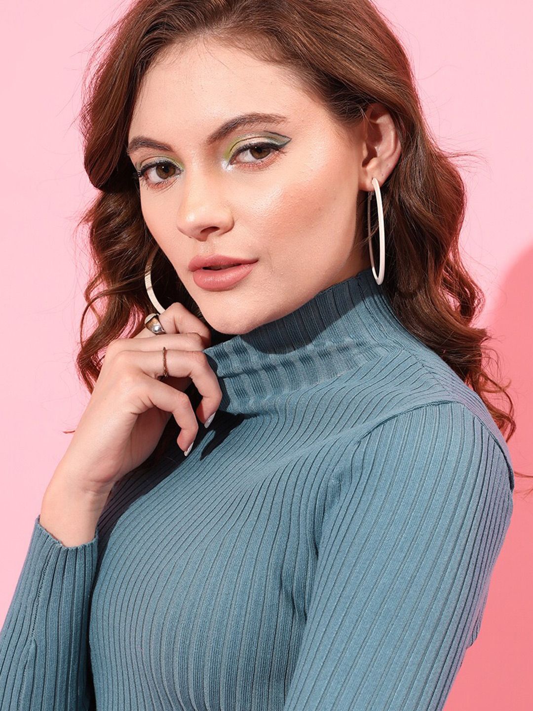STREET 9 Women Blue Striped Turtle Neck Pullover