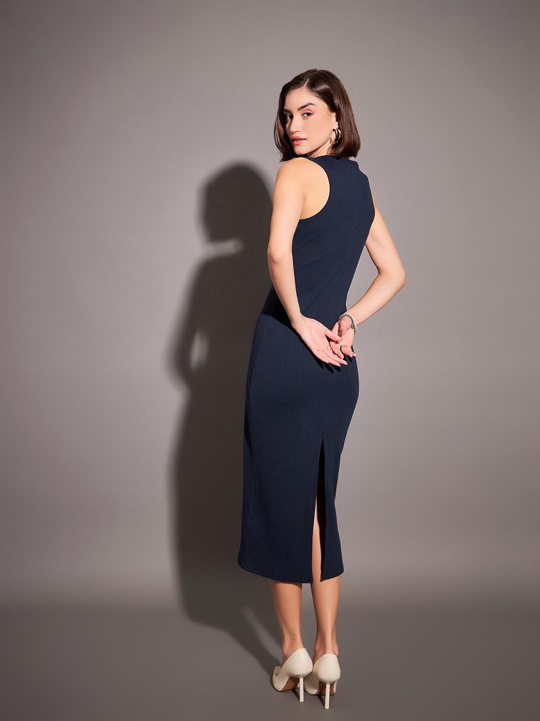 SASSAFRAS Navy Blue Ribbed Sheath Midi Dress