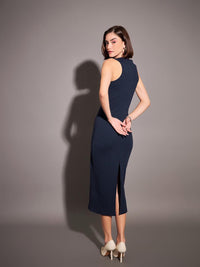 SASSAFRAS Navy Blue Ribbed Sheath Midi Dress