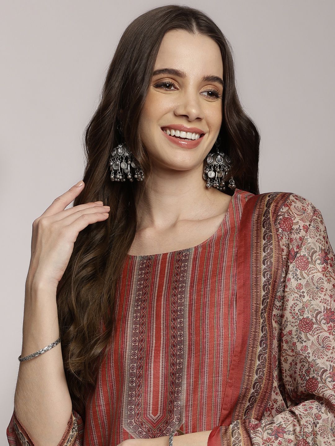 Anouk Women Striped Regular Kurta with Trousers & With Dupatta