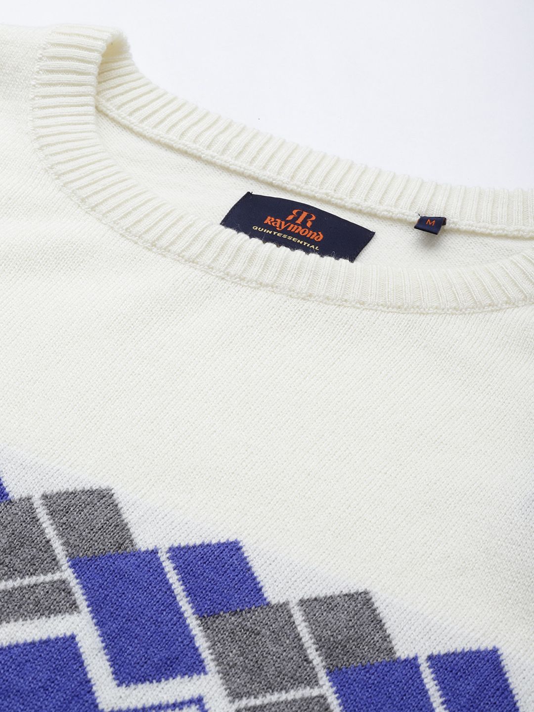 Raymond Men Off White & Blue Geometric Sweater