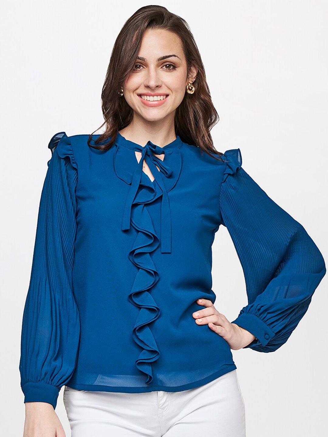 AND Teal Tie-Up Neck Bishop Sleeves Top