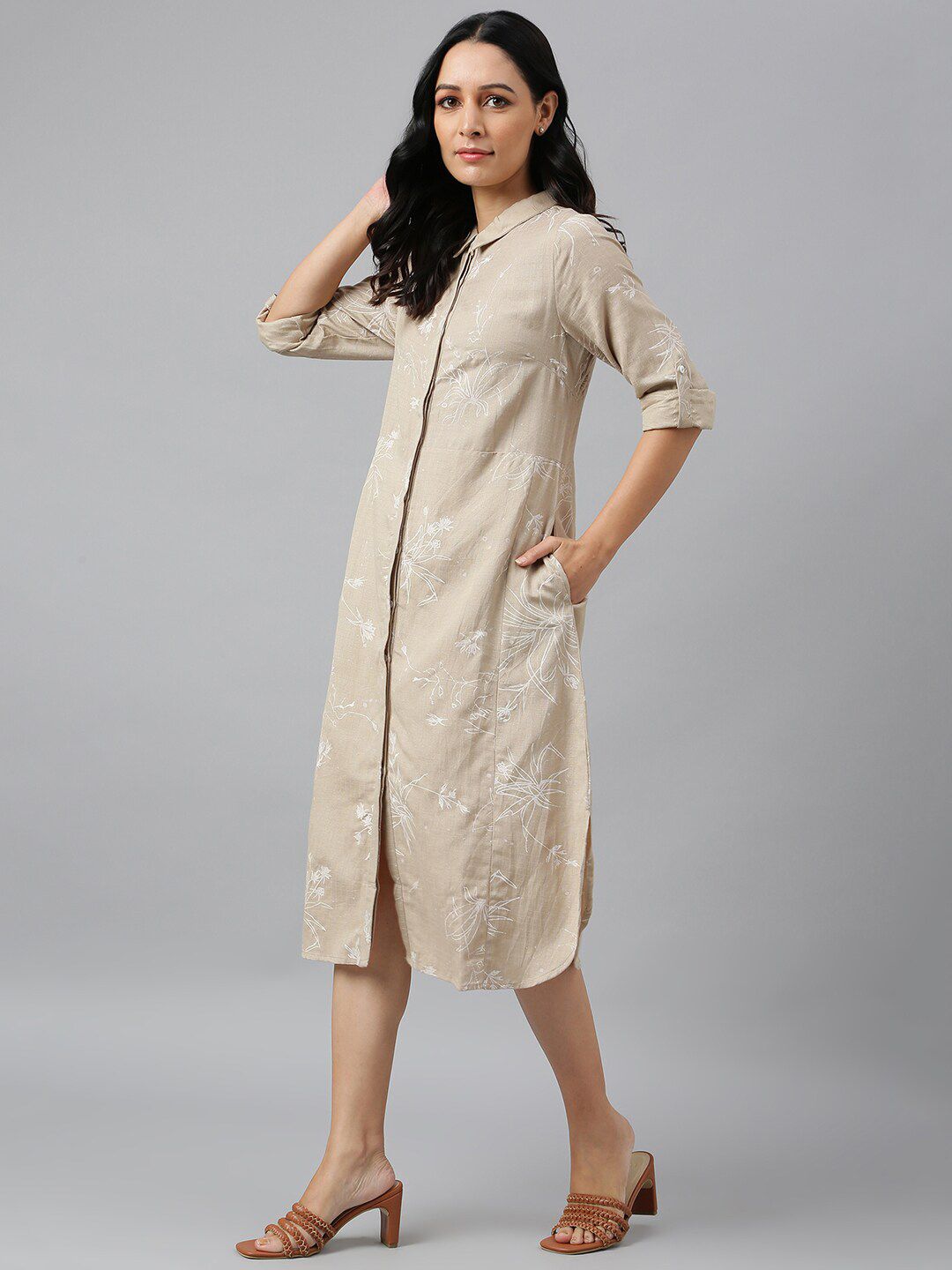 W Brown Floral Shirt Midi Dress