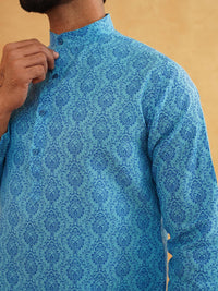 SOJANYA Men Blue & White Ethnic Motifs Cotton Linen Printed Kurta