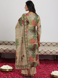 Libas Grren and Pink Floral Printed Beads and Stones Linen Kurta with Trouser & Dupatta