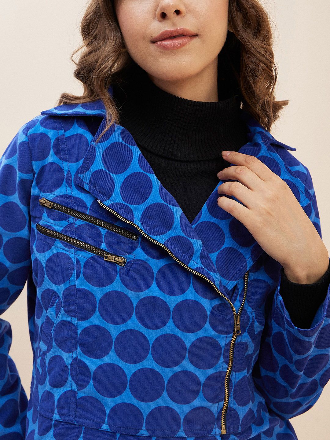 Antheaa Women Blue Geometric Corduroy Crop Tailored Jacket