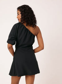 DressBerry Cutesy Classic One Shoulder Gathers Puff Sleeve Mini A-Line Dress