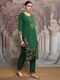 Vishudh Green Floral Embroidered Thread Work Straight Kurta With Trousers & Dupatta