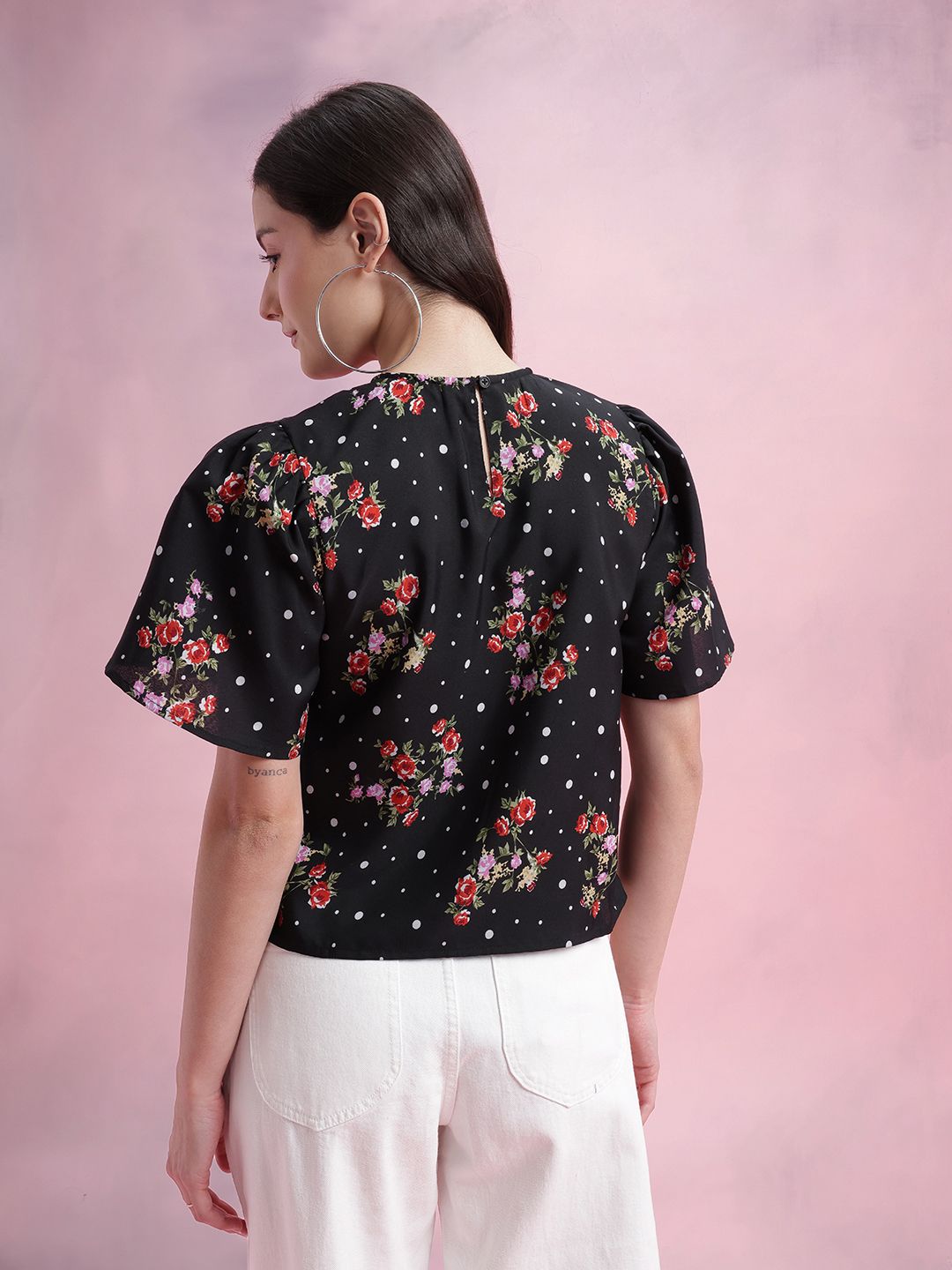 DressBerry Floral Print Tulip-Style Flared Sleeves Top