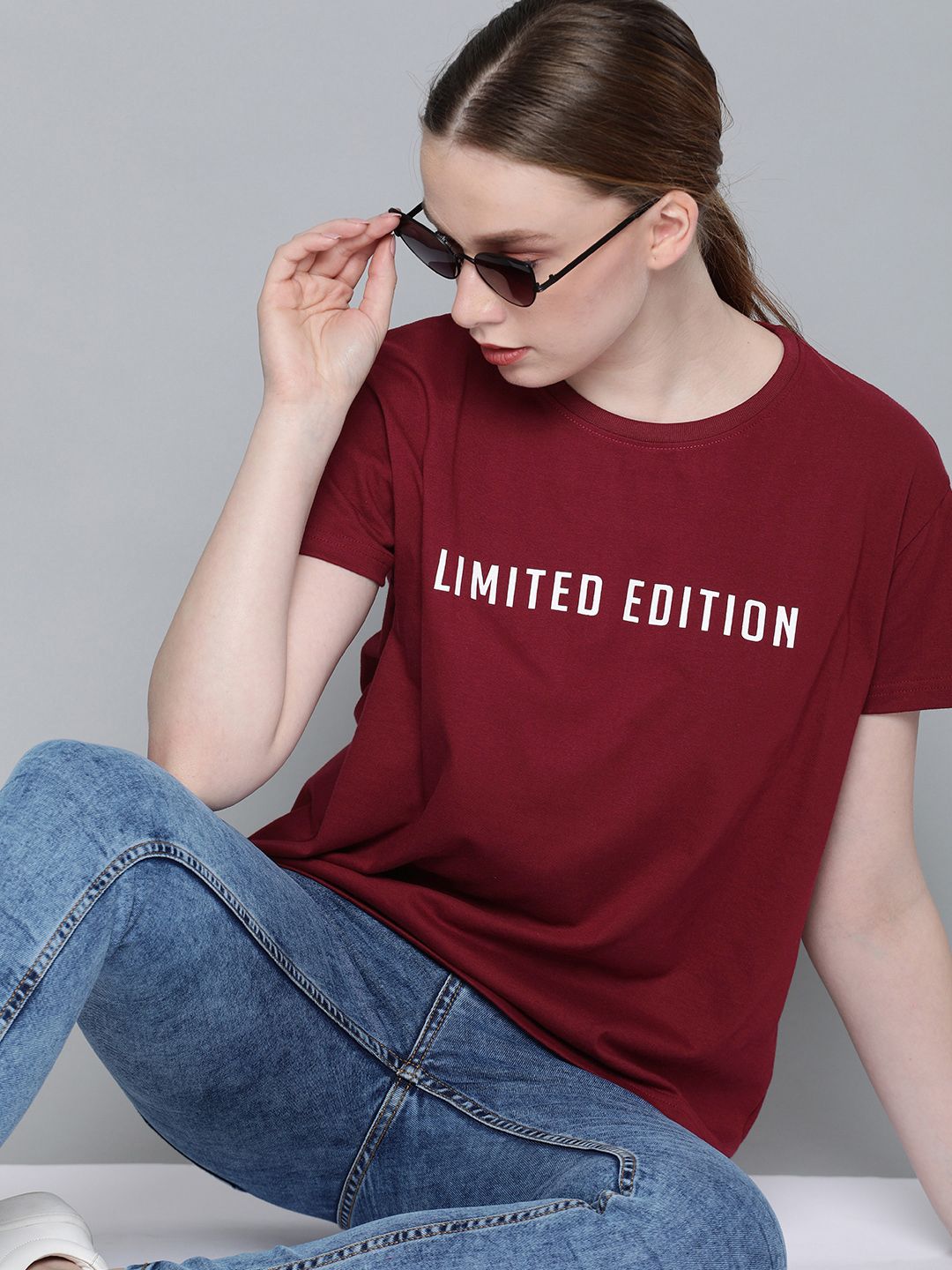 DILLINGER Women Burgundy  Fit Printed Round Neck Boxy Regular Pure Cotton T-shirt