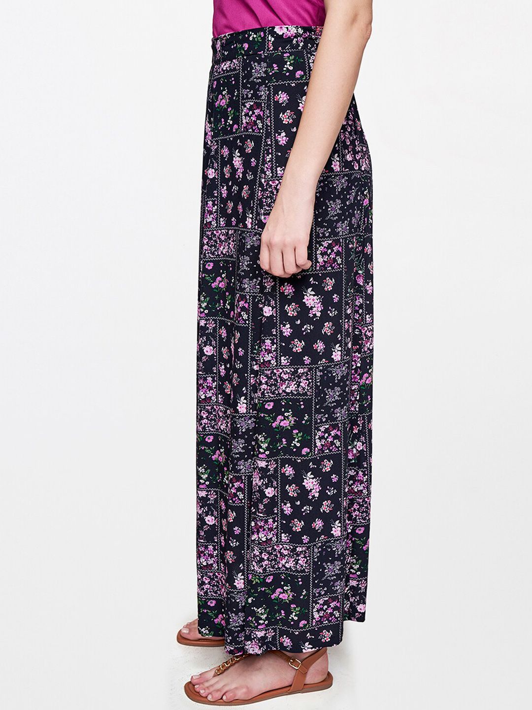AND Women Purple & Black Printed Viscose Rayon Maxi A-Line Skirt