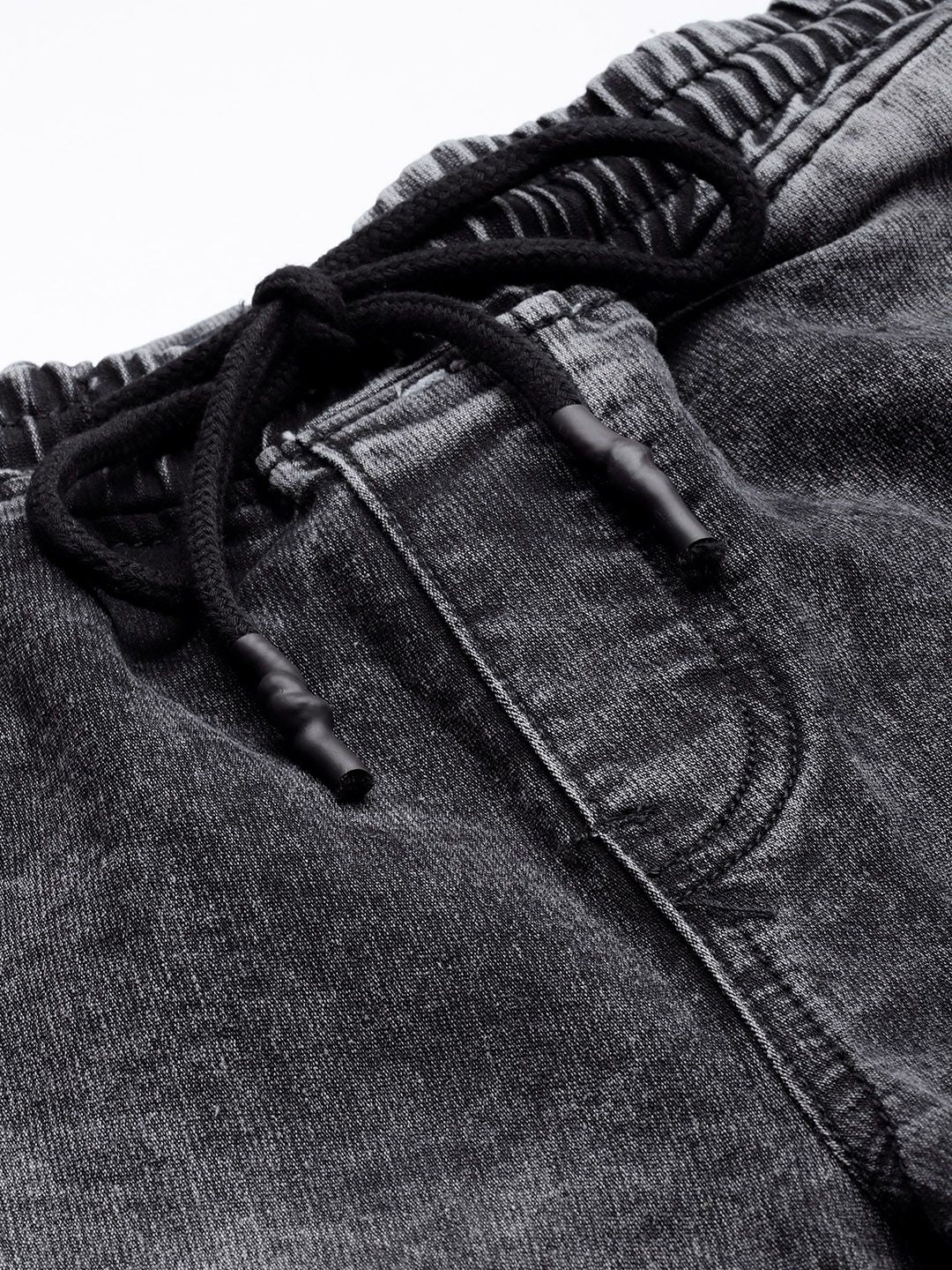 The Indian Garage Co Men Black Jean Slim Fit Heavy Fade Cuffed Hem Patch Work Jeans