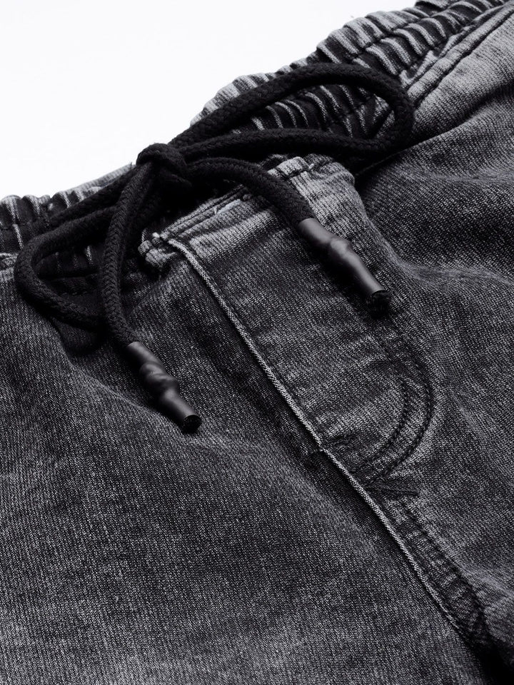 The Indian Garage Co Men Black Jean Slim Fit Heavy Fade Cuffed Hem Patch Work Jeans