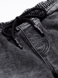 The Indian Garage Co Men Black Jean Slim Fit Heavy Fade Cuffed Hem Patch Work Jeans