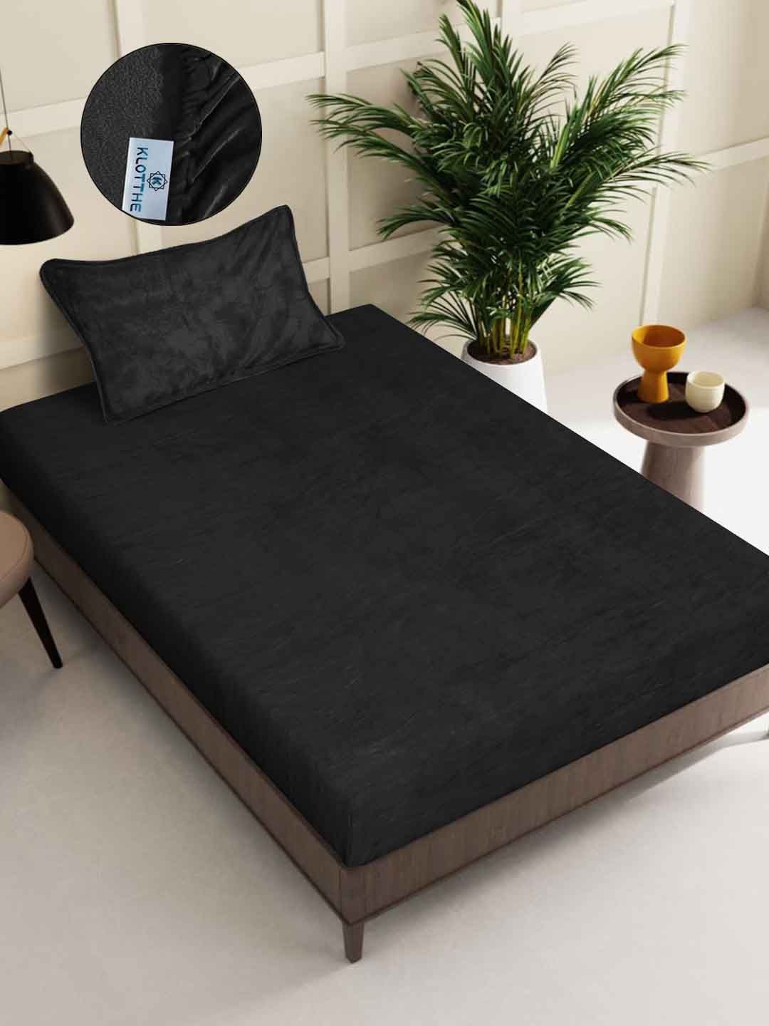 KLOTTHE Black Solid Fitted 300 TC Woolen Single Bedsheet with 1 Pillow Cover