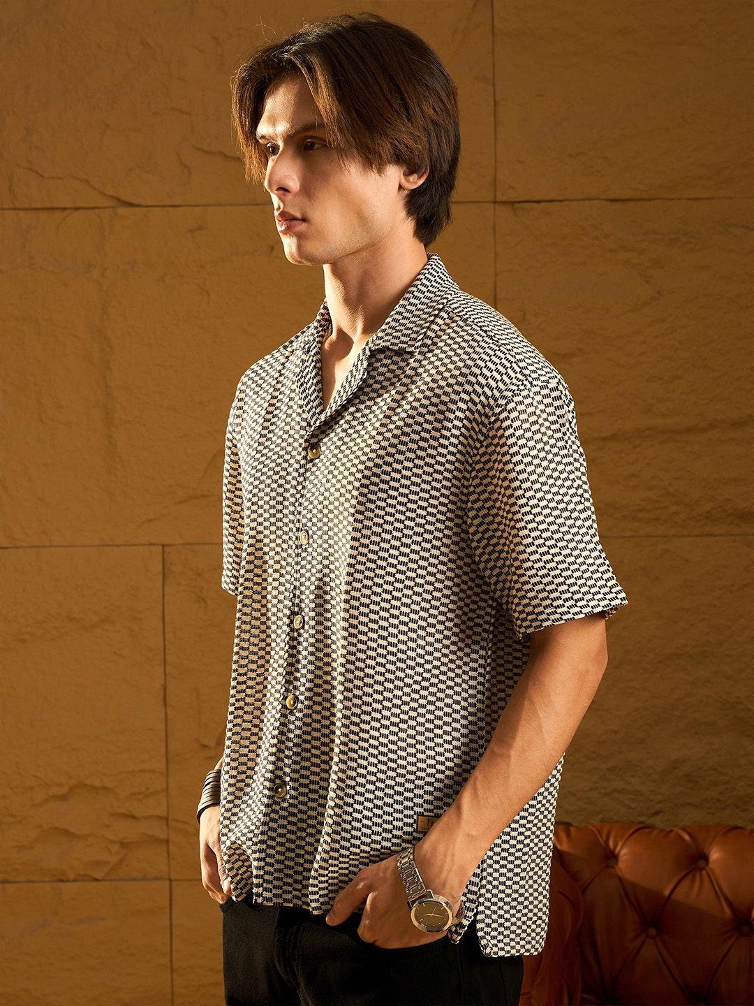 DENNISON Drop Shoulder Textured Oversized Crochet Shirt