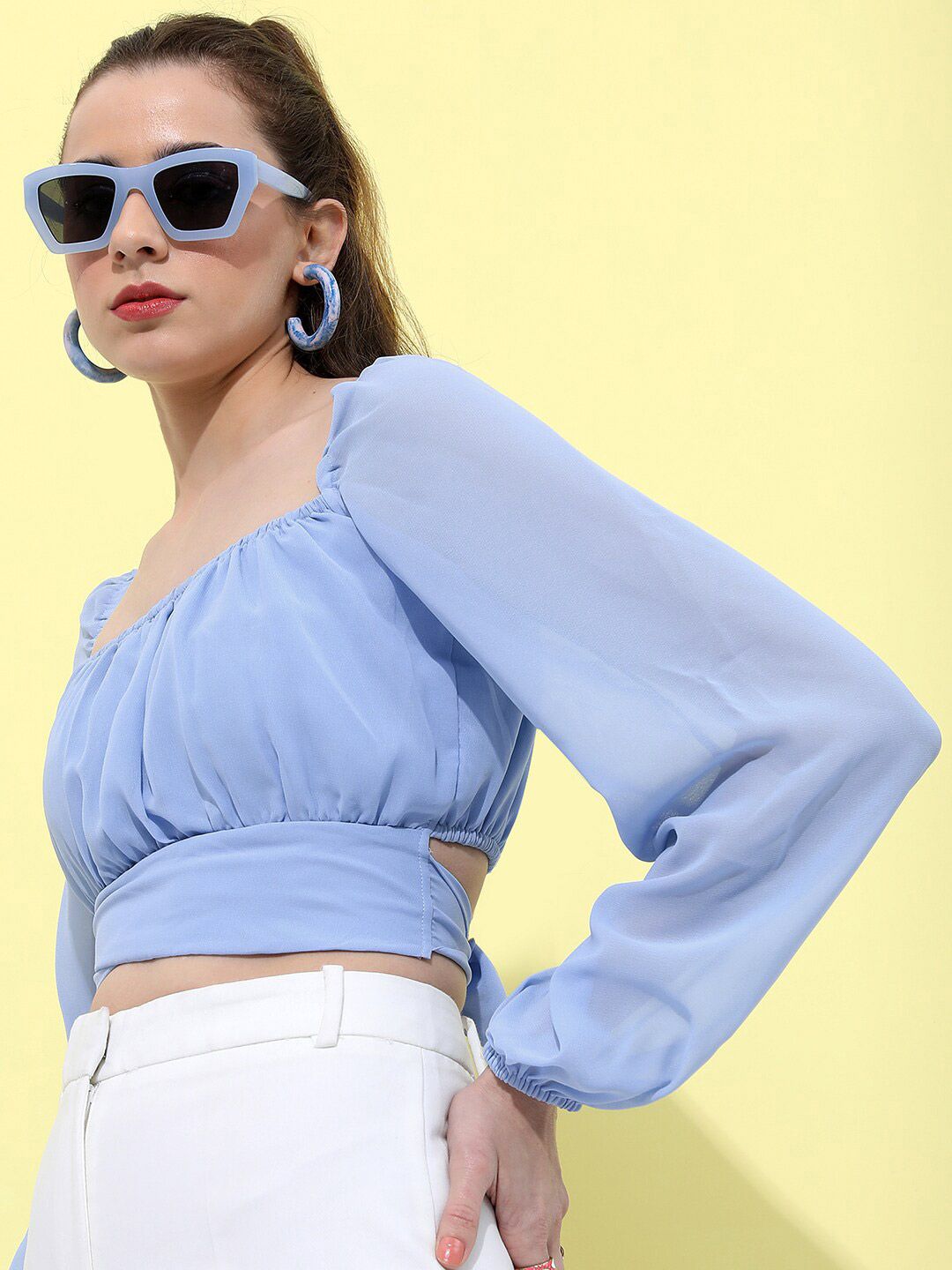 Tokyo Talkies Puff Sleeves Square Neck Gathered Crop Top
