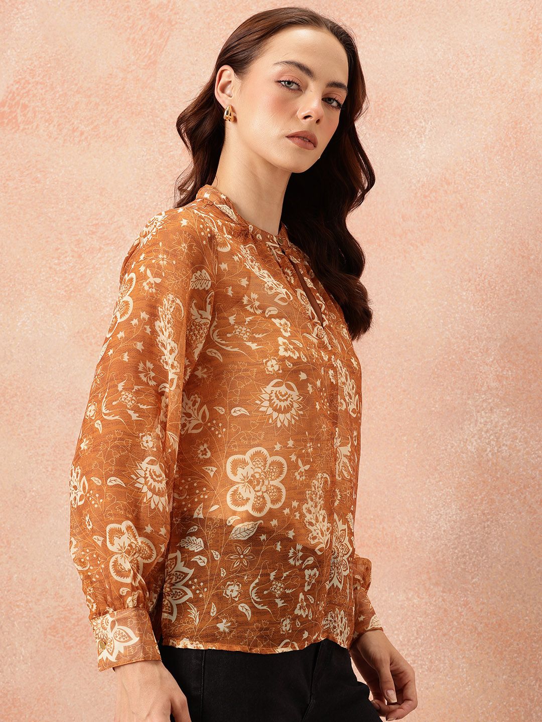 all about you Floral Print Mandarin Collar Chiffon Top
