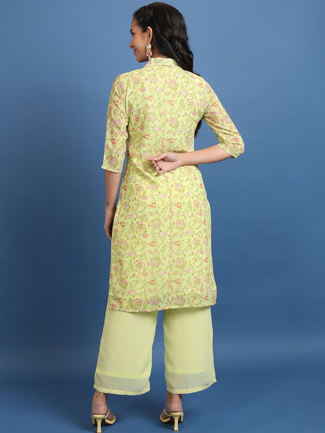 Vishudh Lime Green Printed Crop Top & Jacket With Palazzos