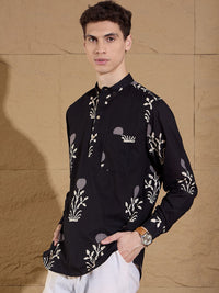 Dennison Floral Printed Cotton Band Collar Lurus Kurta