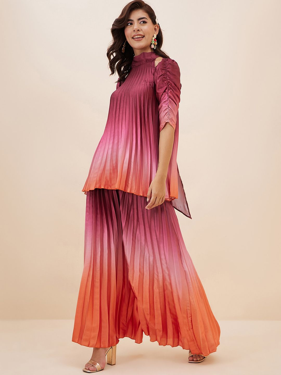 Antheaa Pink & Orange Ombre Pleated Halter Neck Tunic With Palazzos