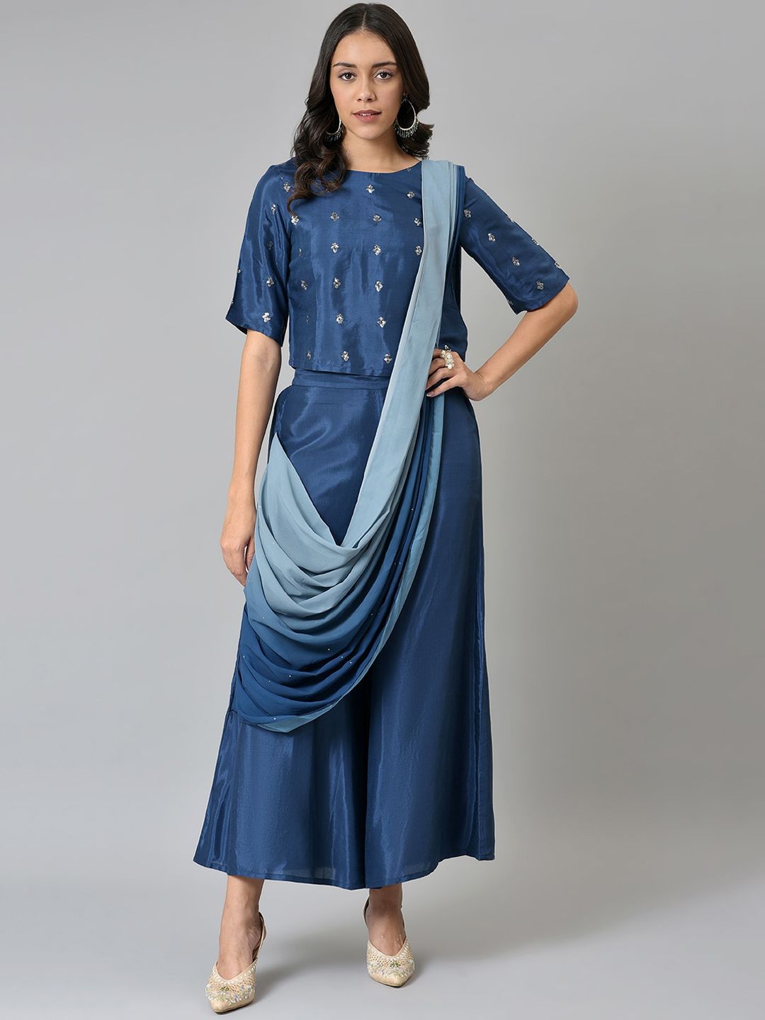 W Women Ethnic Motifs Embroidered Top with Palazzos With Attached Dupatta