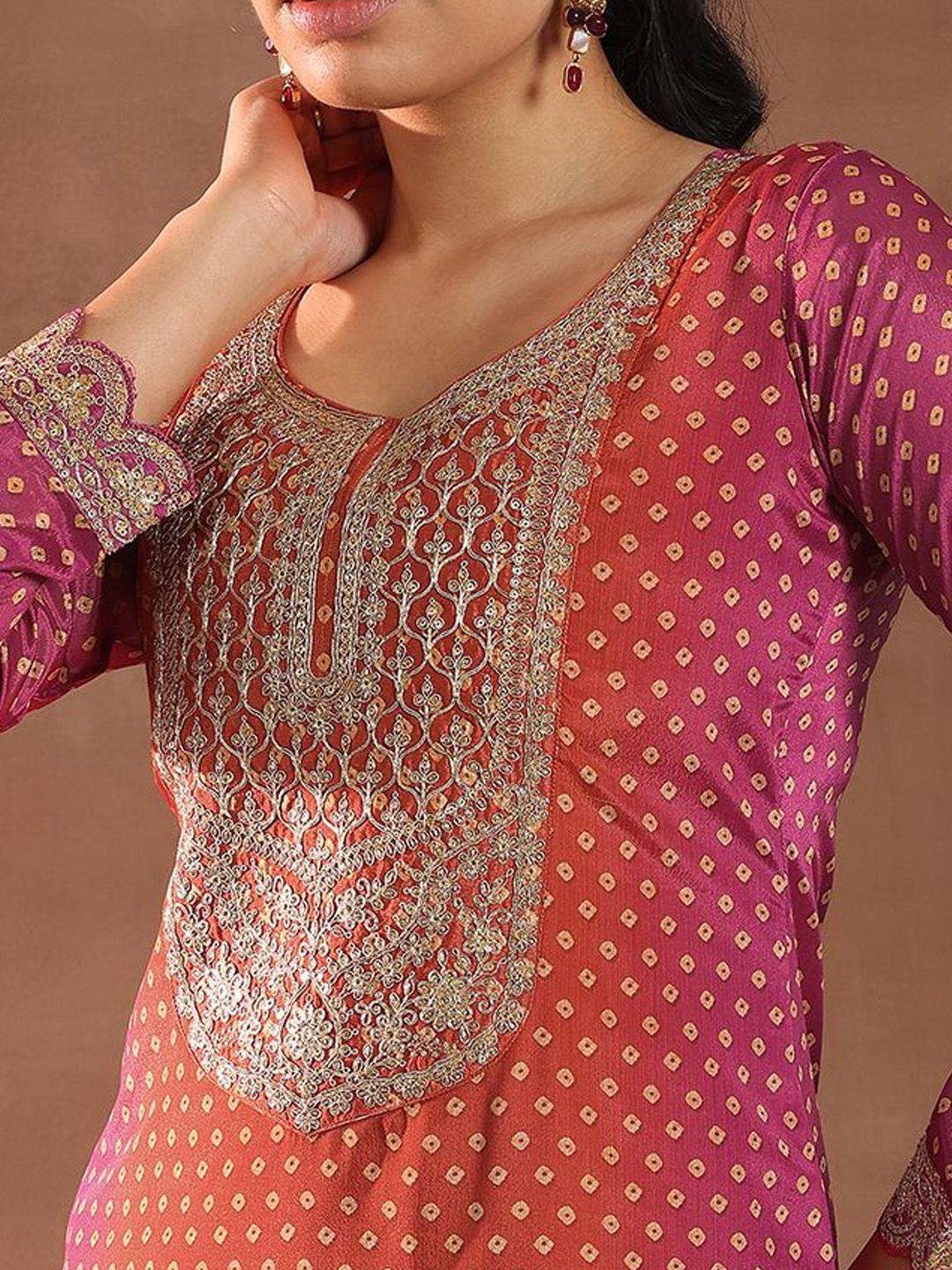 Libas Women Bandhani Printed Regular Kurta with Trousers & With Dupatta