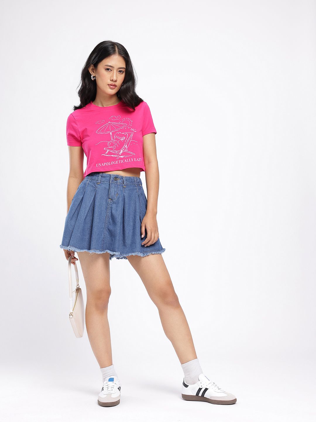 DressBerry Women Street Chic Pleated Flared Denim Mini Skirt