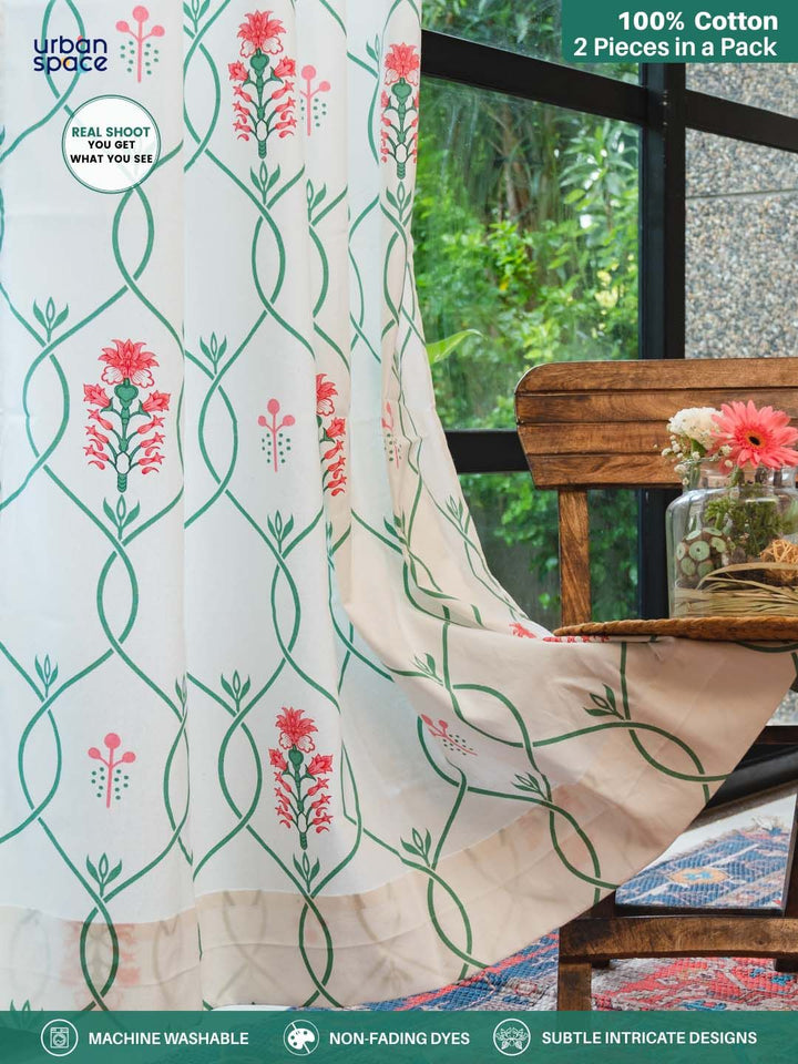 URBAN SPACE White & Green 2 Pieces Floral Cotton Window Curtains