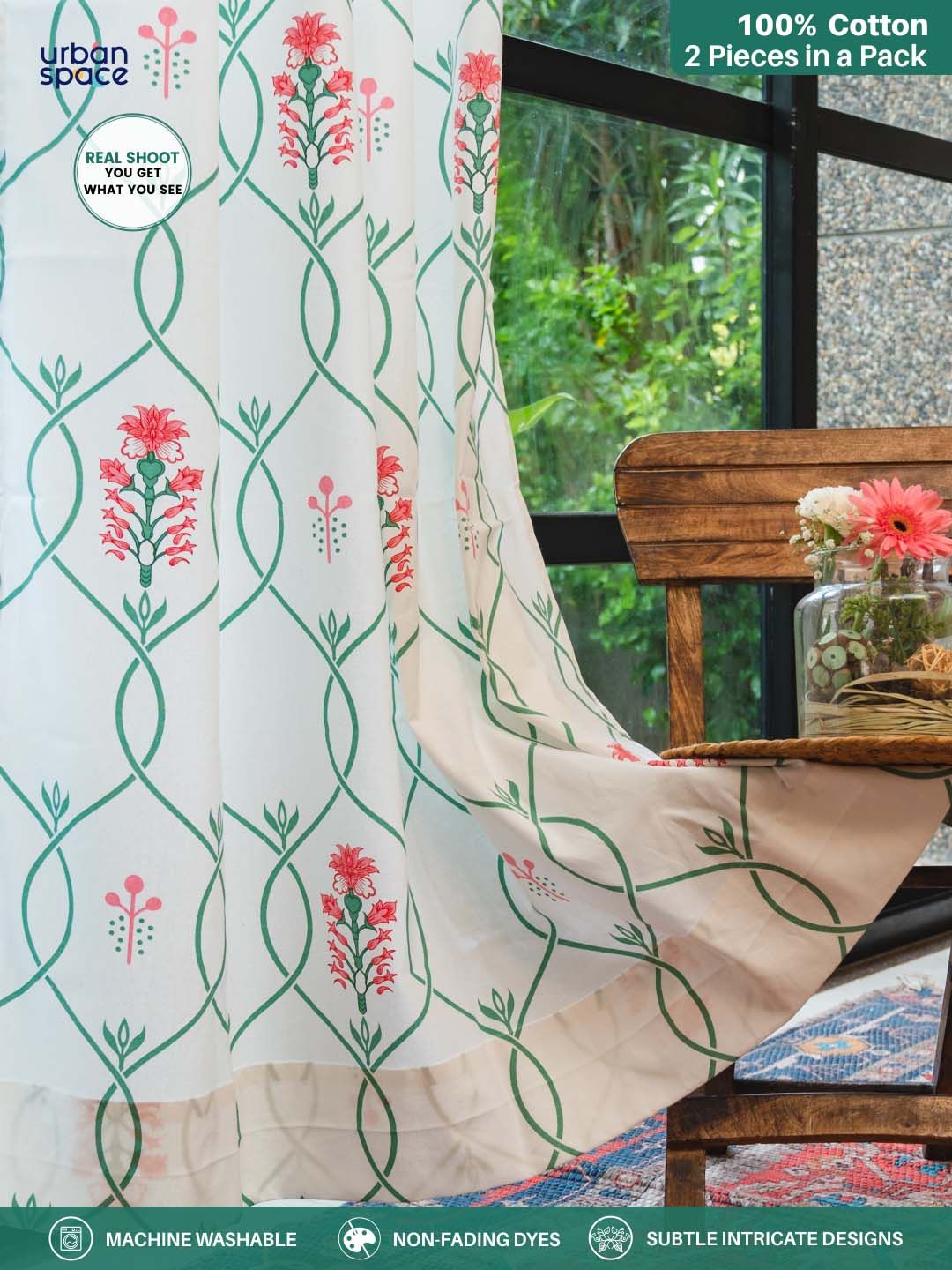 URBAN SPACE White & Green 2 Pieces Floral Cotton Window Curtains