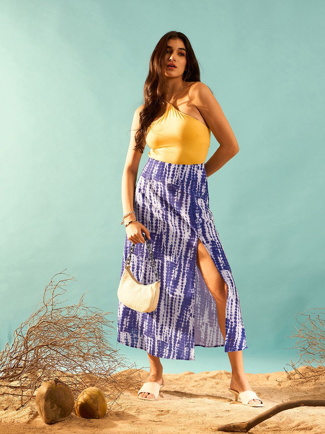 Berrylush Tie and Dye Printed Side Slit A-Line Midi Skirt