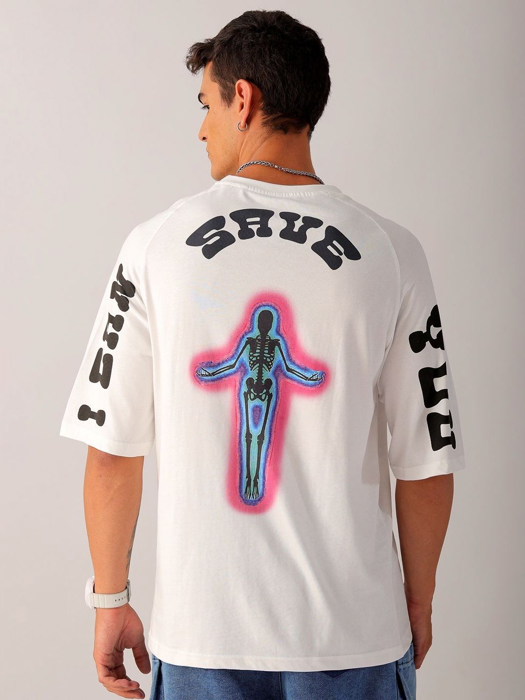 The Indian Garage Co Men Pure Cotton Back Printed Oversized Round Neck T-shirt