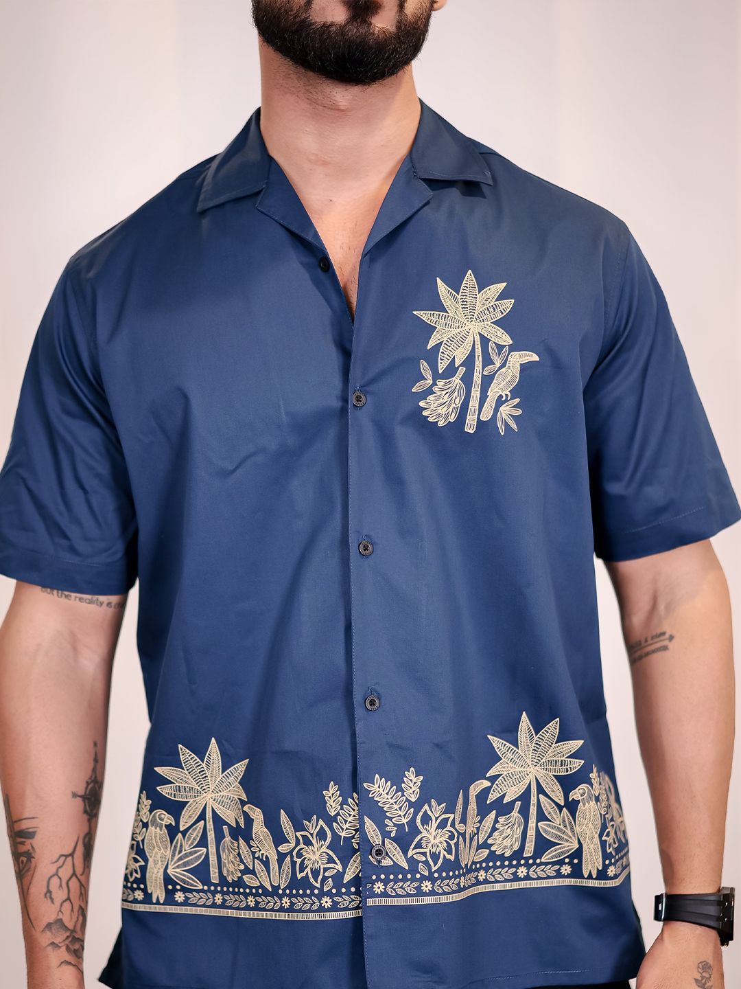 Eszett Men Floral Printed Cuban Collar Cotton Casual Shirt