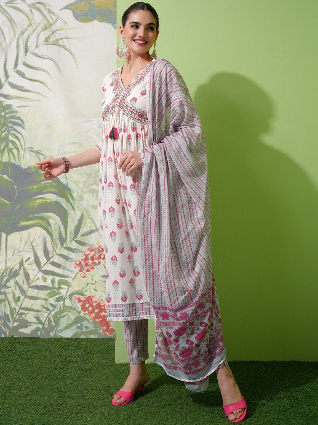 Vishudh White Printed Thread Work Pure Cotton A-Line Kurta with Trousers & With Dupatta