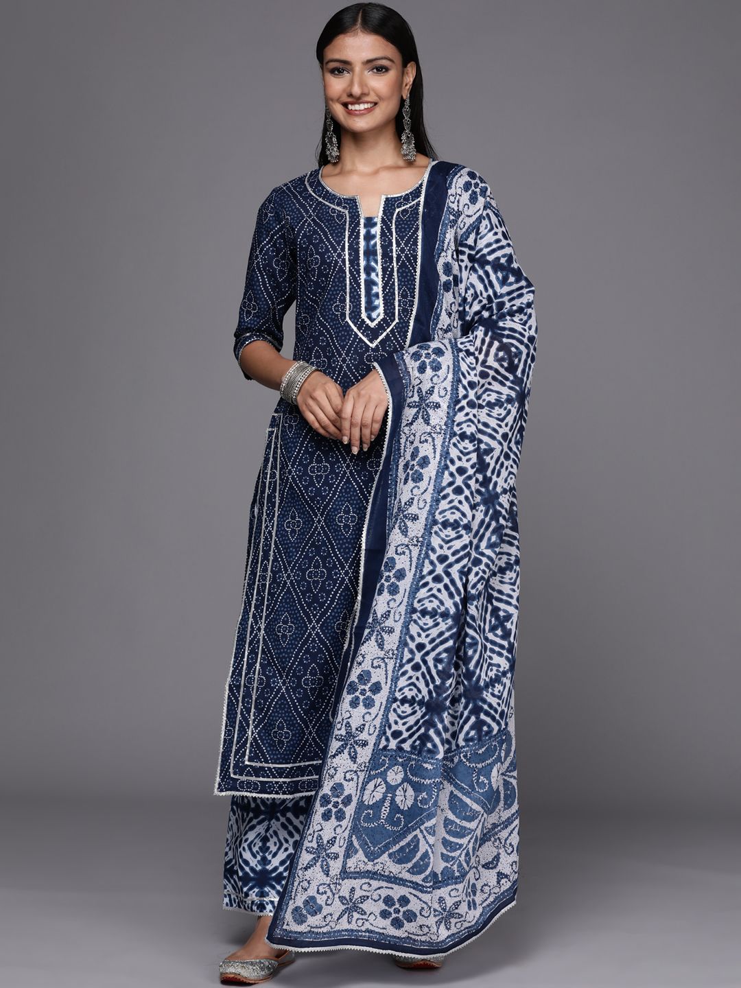 Libas Women Blue Bandhani Printed Pure Cotton Kurta with Palazzos & Dupatta