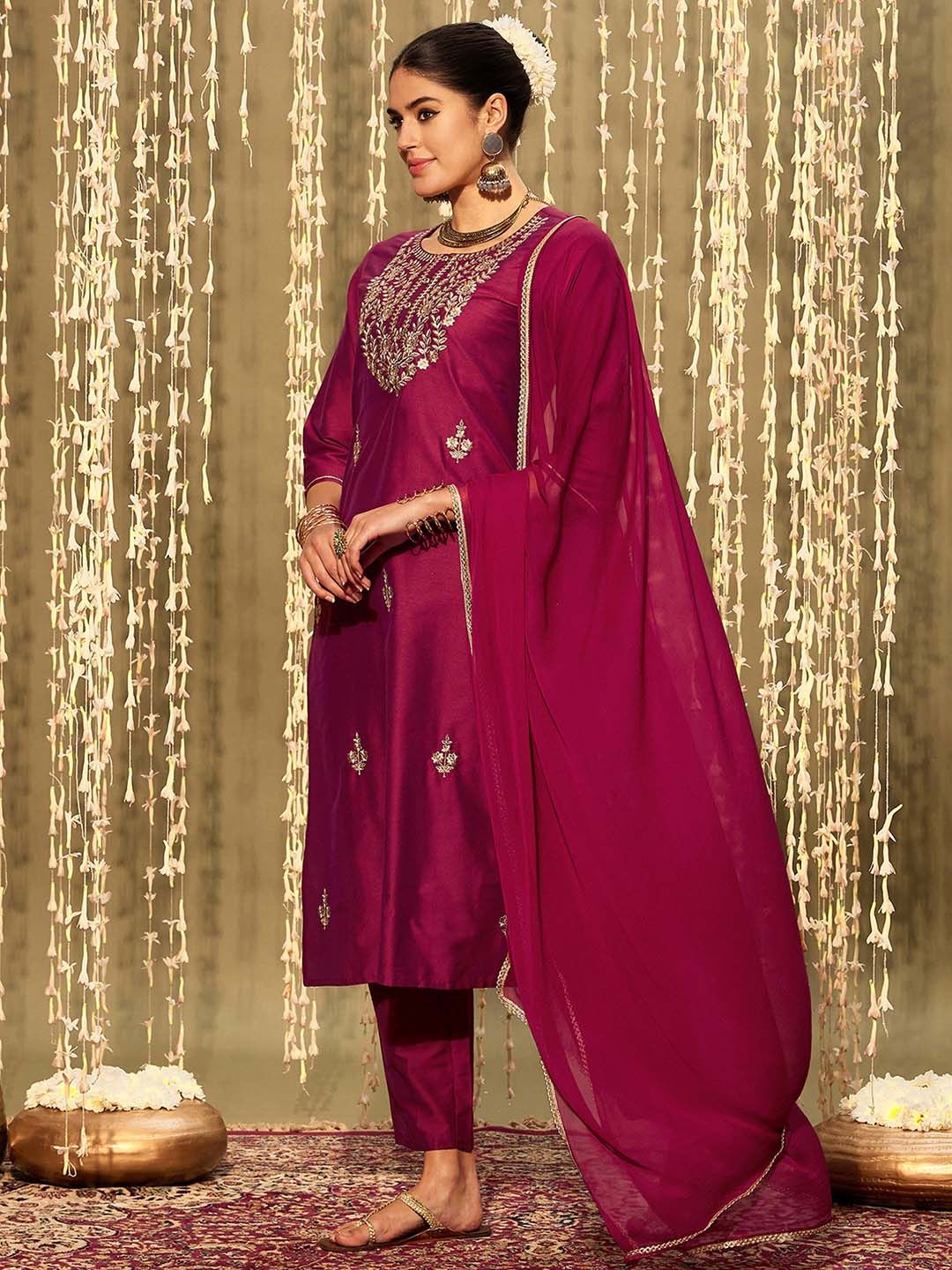 Indo Era Ethnic Motifs Embroidered Zari Straight Kurta With Trousers & Dupatta