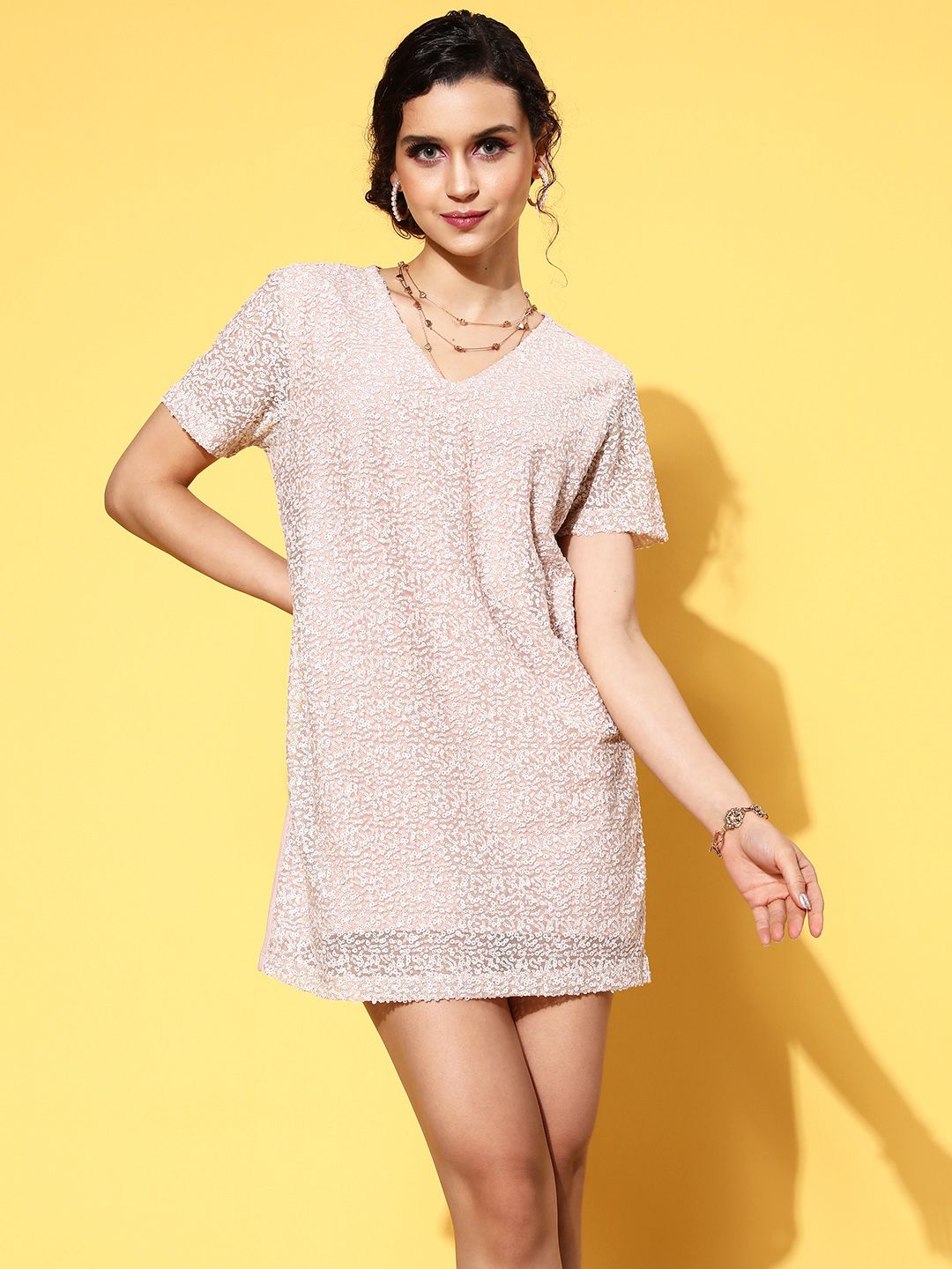 SASSAFRAS Women  Cream Solid Shimmer & Sequin Dress