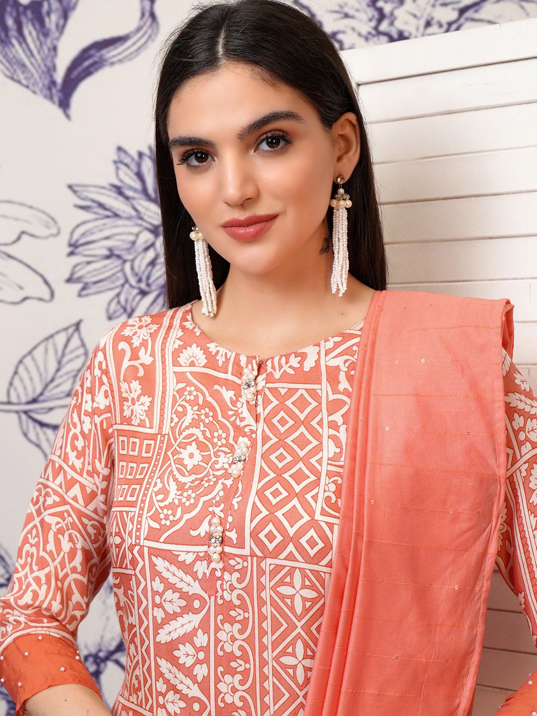 Vishudh Ethnic Motifs Printed Sequinned Straight Kurta with Trousers & Dupatta