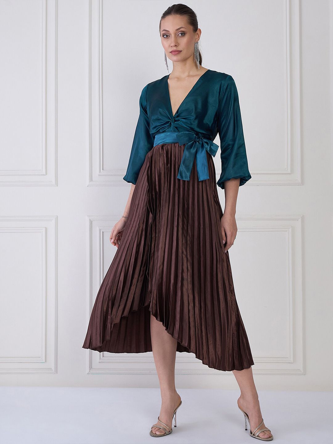 Antheaa Women Striped Satin Midi Dress