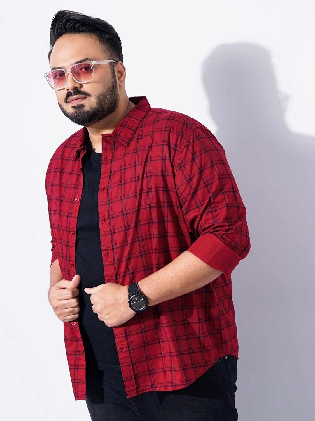 The Indian Garage Co Plus Size Windowpane Checked Cotton Casual Shirt
