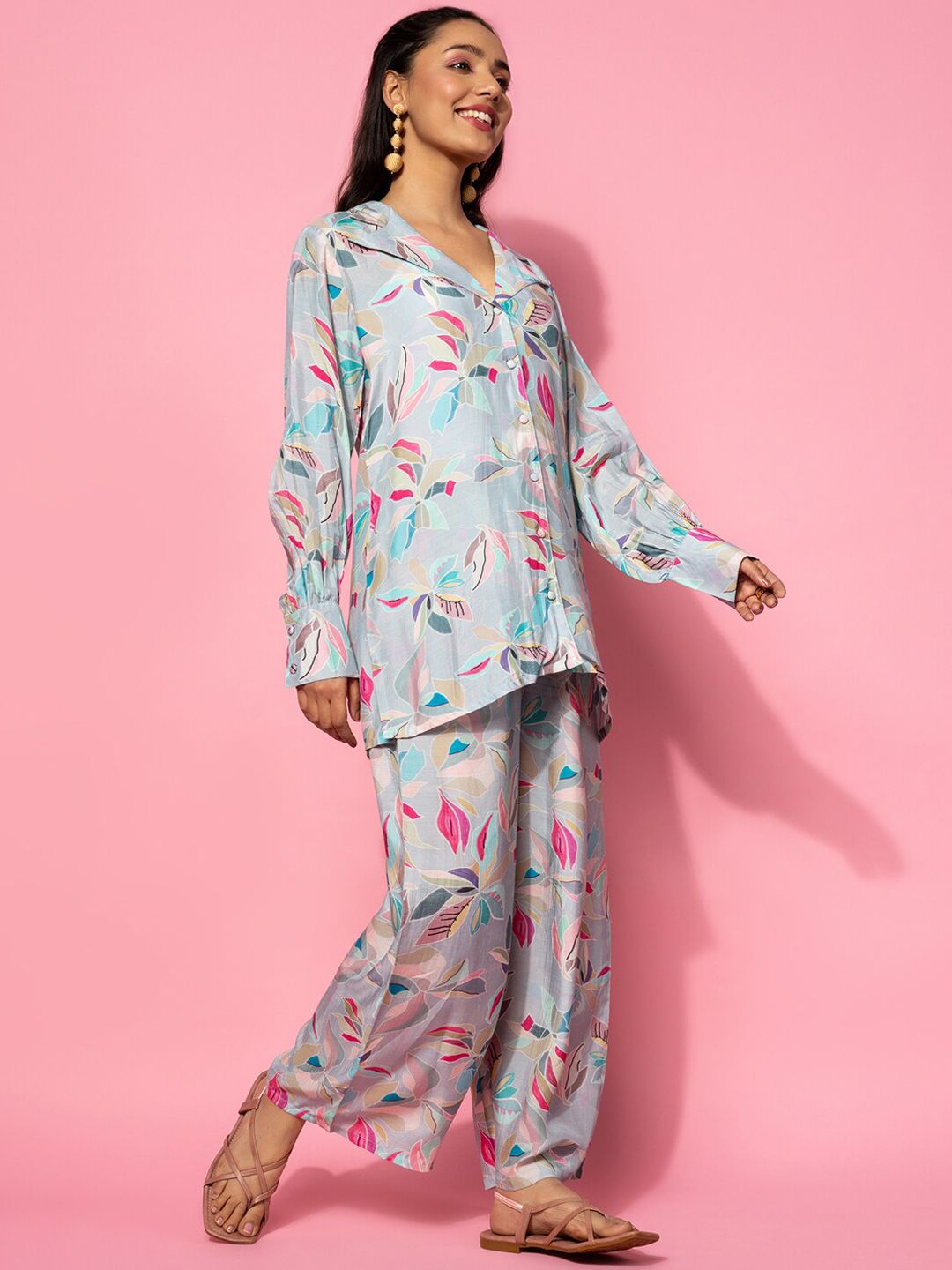 Libas Floral Printed Longline A-Line Shirt & Palazzo Set