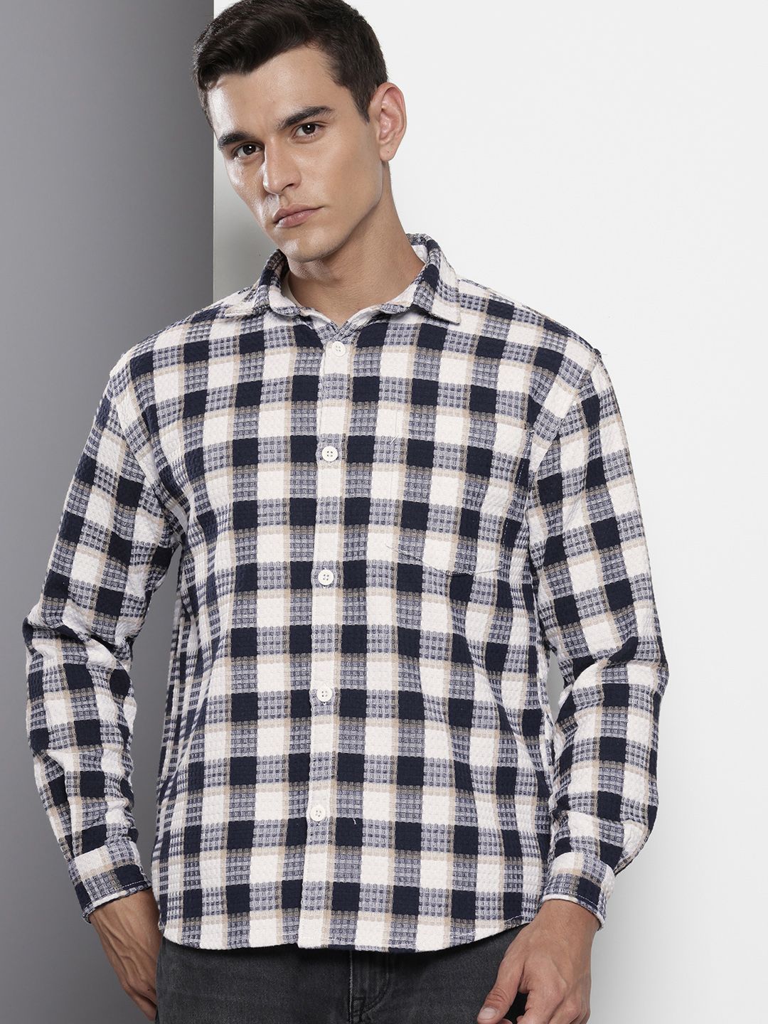 The Indian Garage Co Pure Cotton Textured Checked Drop-Shoulder Relaxed Casual Shirt