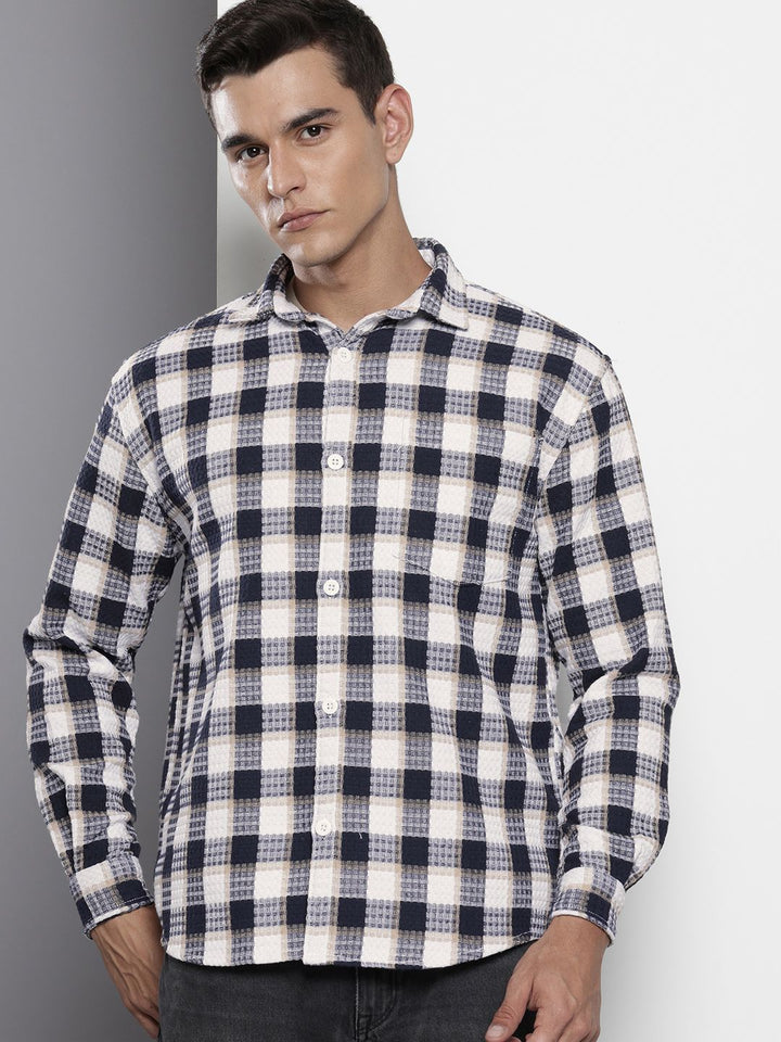 The Indian Garage Co Pure Cotton Textured Checked Drop-Shoulder Relaxed Casual Shirt