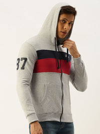 The Indian Garage Co Men Grey Melange & Navy Blue Colourblocked Hooded Sweatshirt
