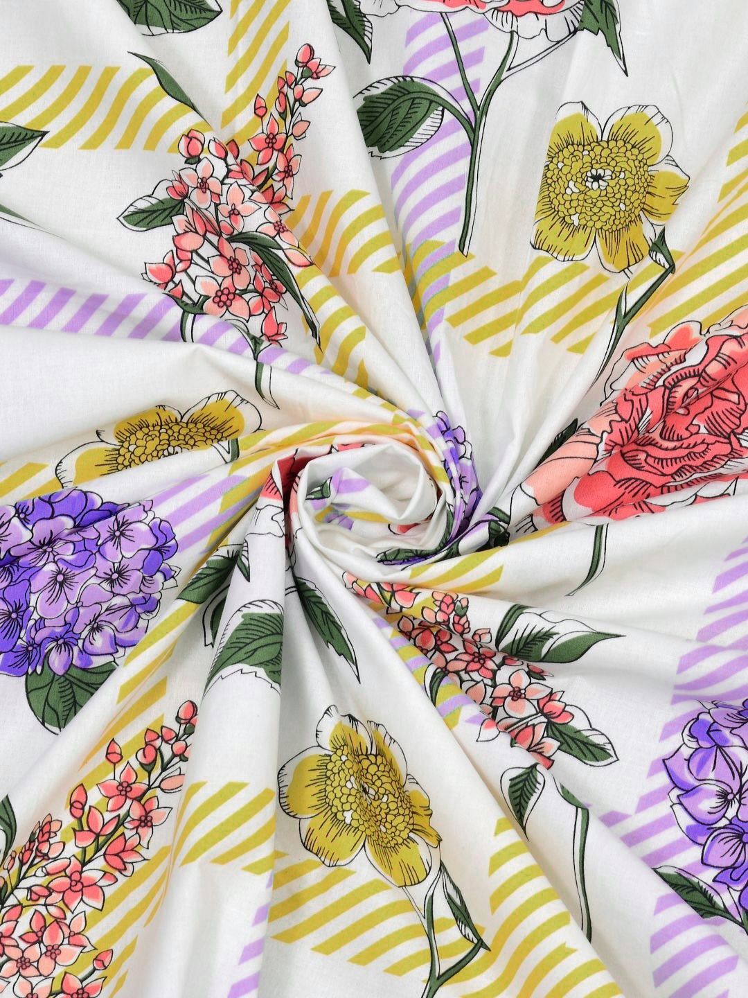 BOMBAY DYEING Florentine White Floral Pure Cotton 144TC Queen Bedsheet Set 2.28 m X 2.54 m