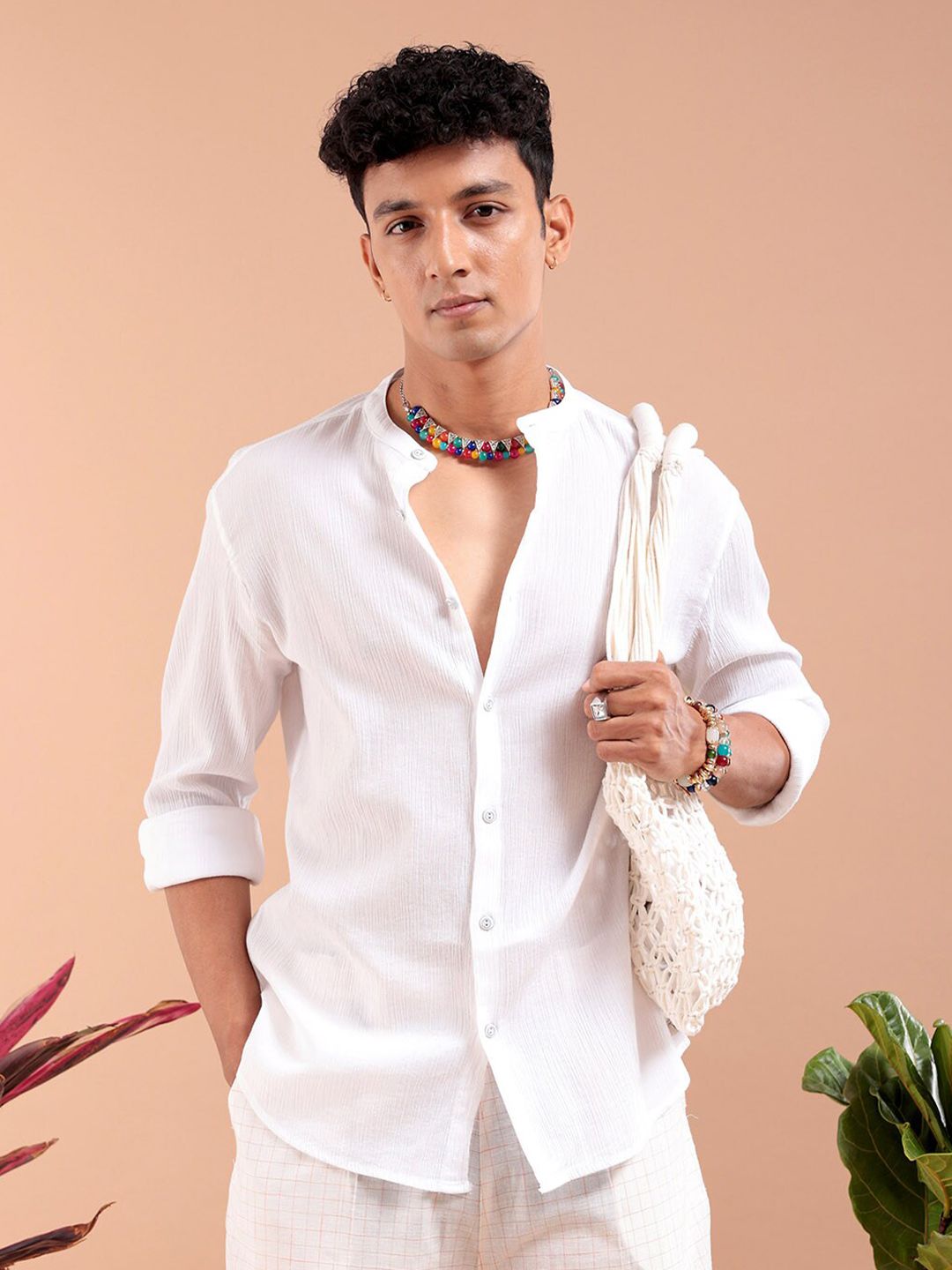 The Indian Garage Co Men Slim Fit Textured Mandarin Collar Resortwear Shirt